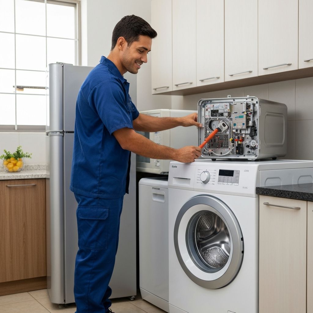Técnico avaliando uma lavadora de roupas de abertura superior comum no Brasil