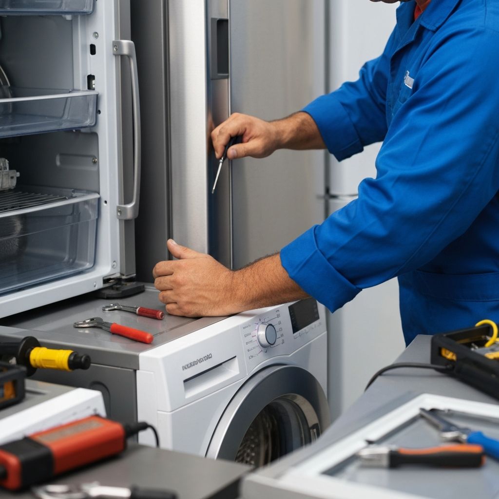 Técnico profissional da RV Refrigeração realizando manutenção em geladeira e lavadora de roupas em Gravataí e Cachoeirinha